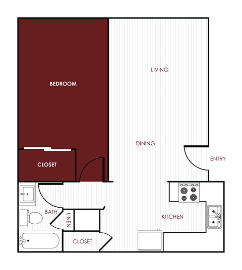 Floor plan for 1 bed, 1 bath, 700 sqft
